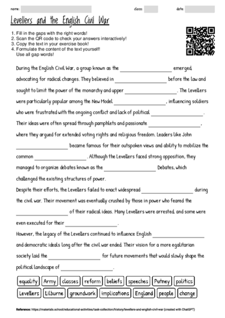 Worksheet With The Topic Levellers And The English Civil War